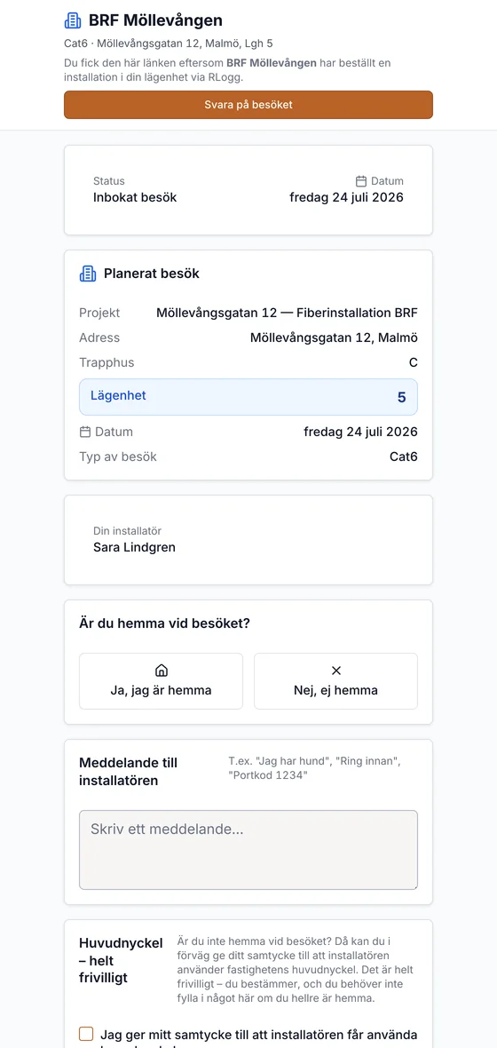 Skärmdump ur RLogg: Boendets QR-bokningssida